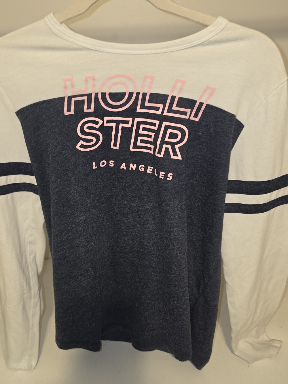 Hollister Navy and White Long-Sleeve Tee with Pink Logo